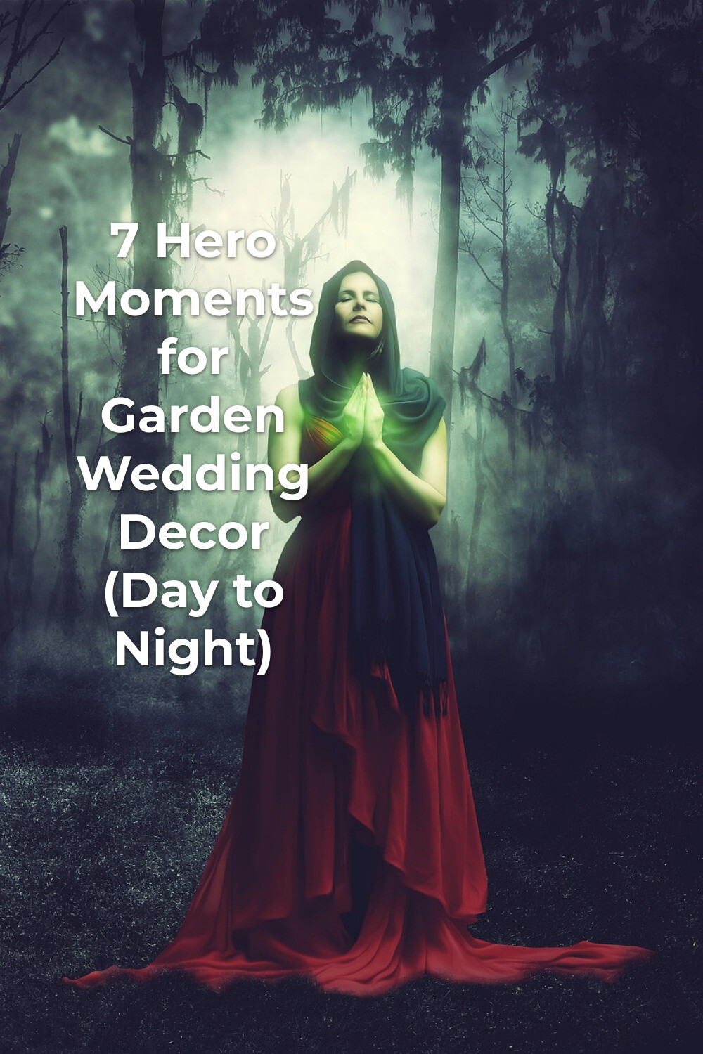 Garden Wedding Decor Mood in Foggy Forest Garden wedding decor inspiration: woman in a long red dress and dark hooded shawl standing in a foggy forest