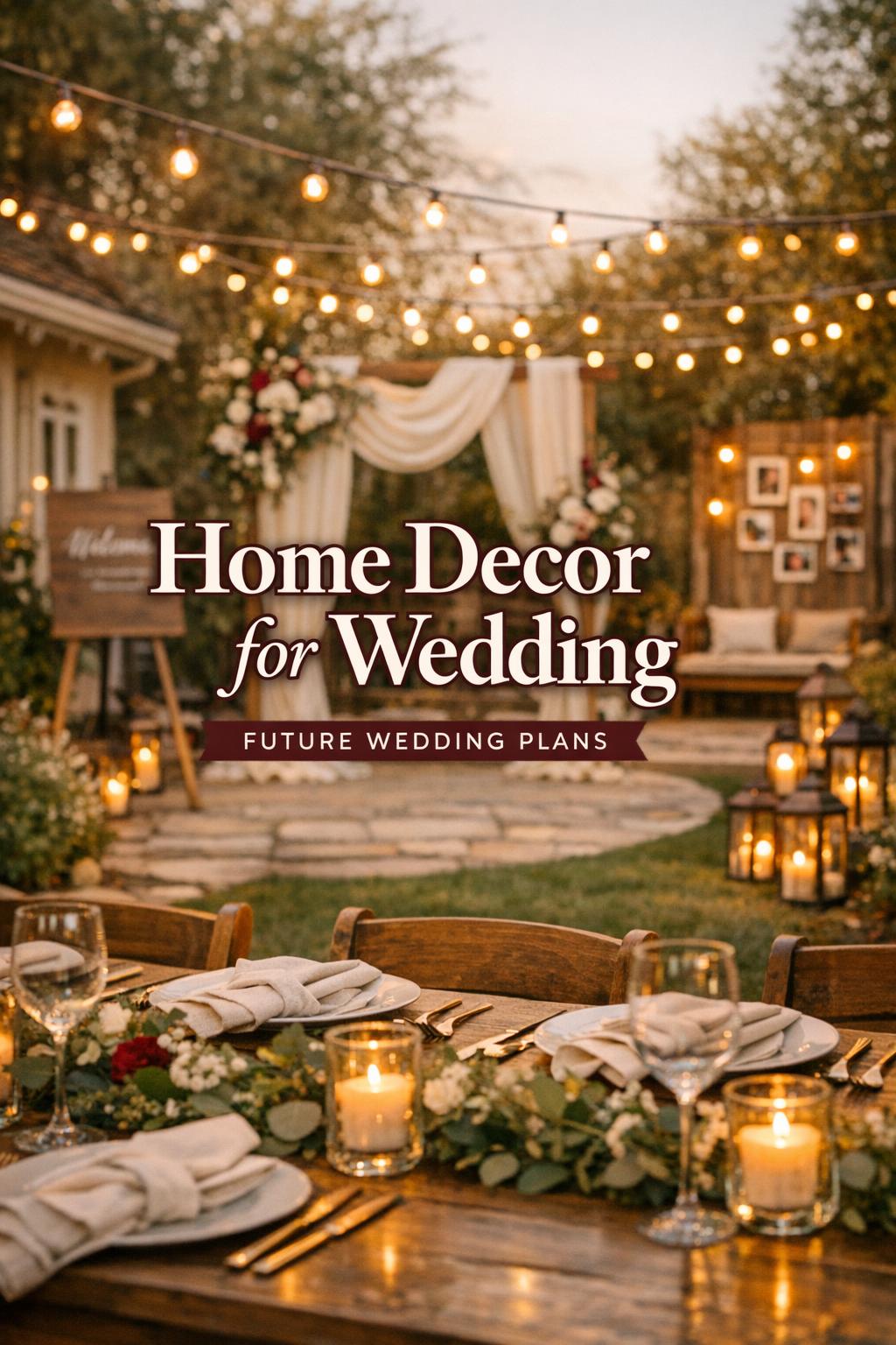 Home decor for wedding backyard setup with candlelit reception table, draped ceremony arch, string lights, and welcome sign