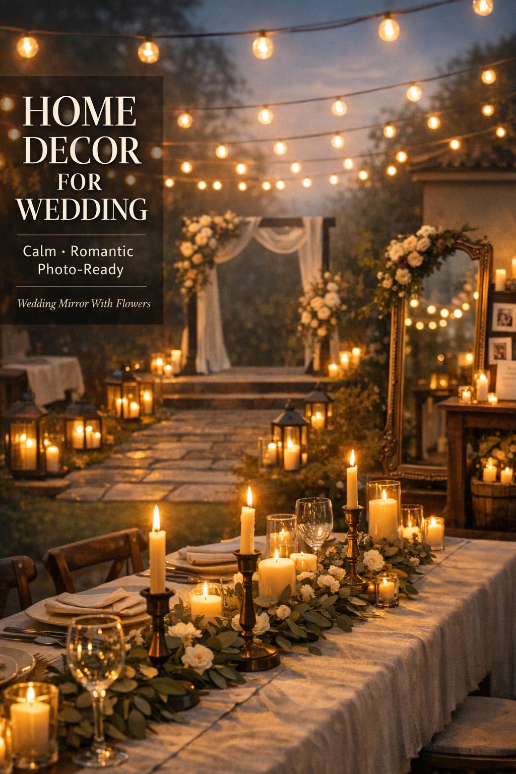 Home decor for wedding backyard reception with candlelit table, lantern path, ceremony arch, and wedding mirror with flowers
