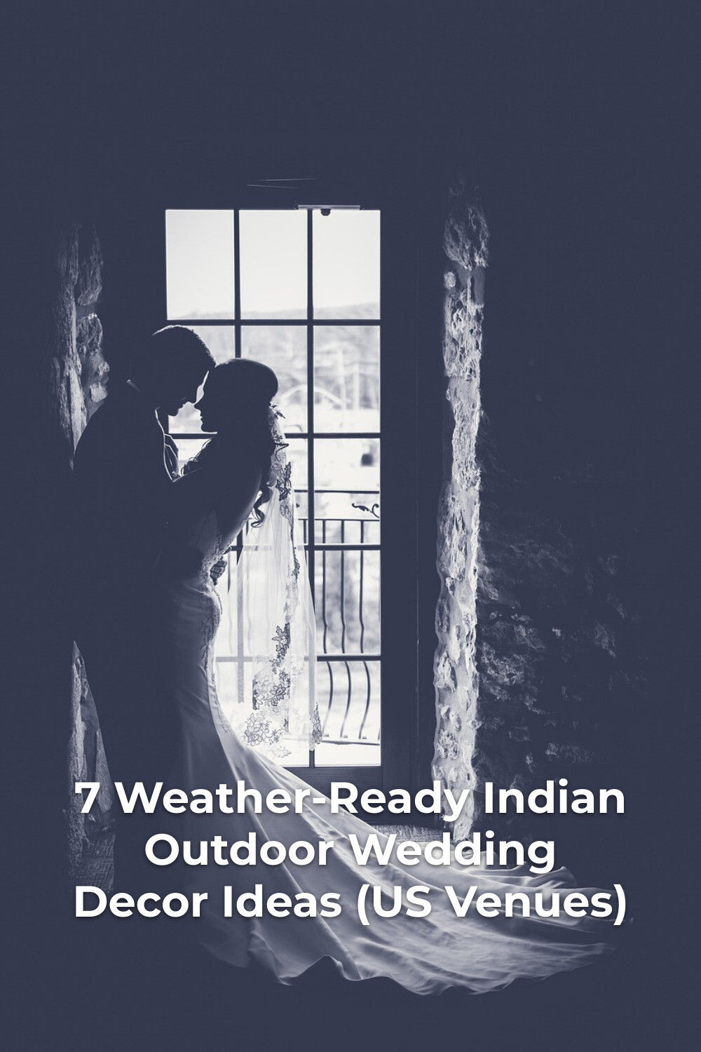 Indian outdoor wedding decor inspiration: bride in veil hugging groom by tall window in rustic stone room
