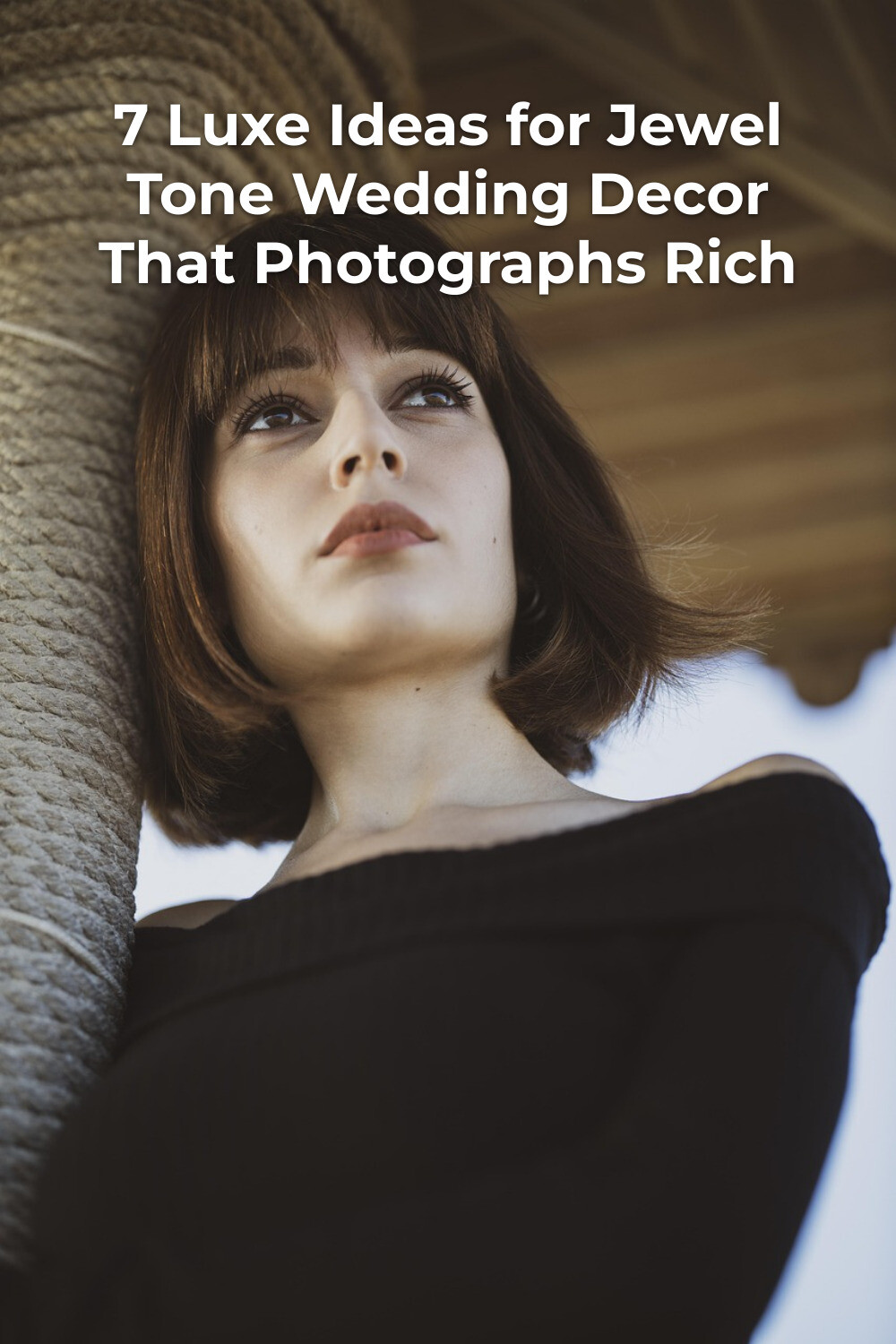 Luxurious Jewel Tone Wedding Decor Inspiration Luxurious jewel tone wedding decor inspiration with woman leaning on rope column under a wooden roof