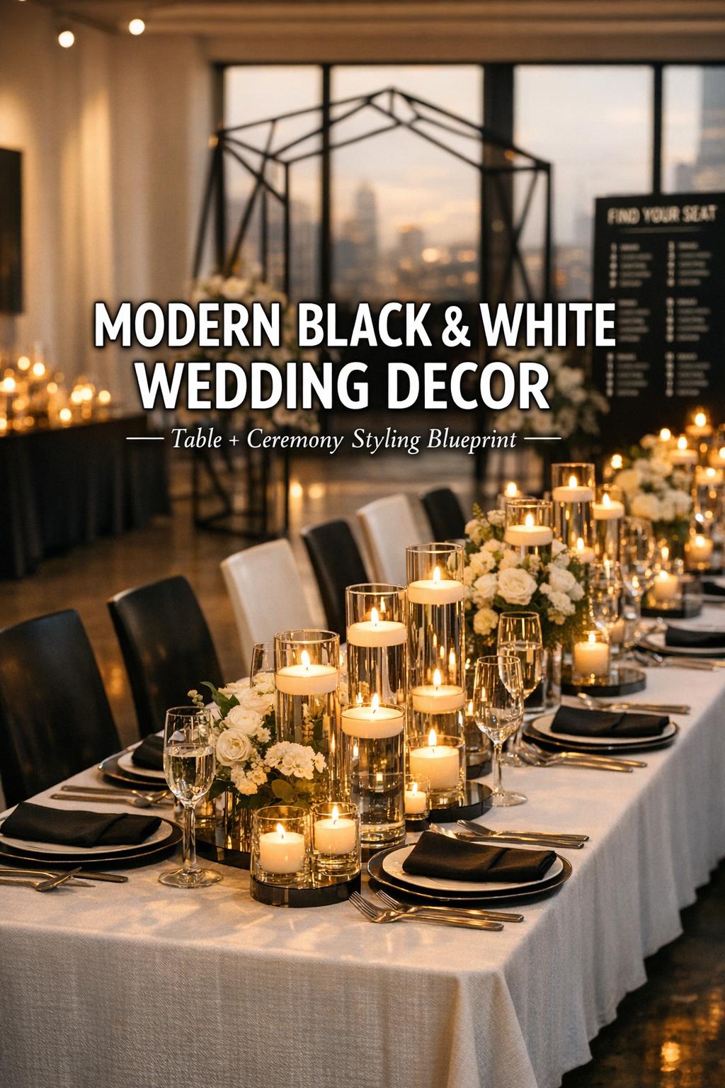 Modern Black and White Wedding Decor Tablescape Modern black and white wedding decor tablescape with candlelit mirrored accents in a golden-hour urban loft reception