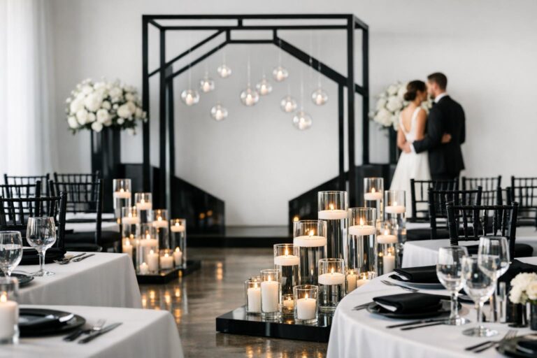Modern black and white wedding decor with candlelit tables, white linens, black accents, and elegant glass details