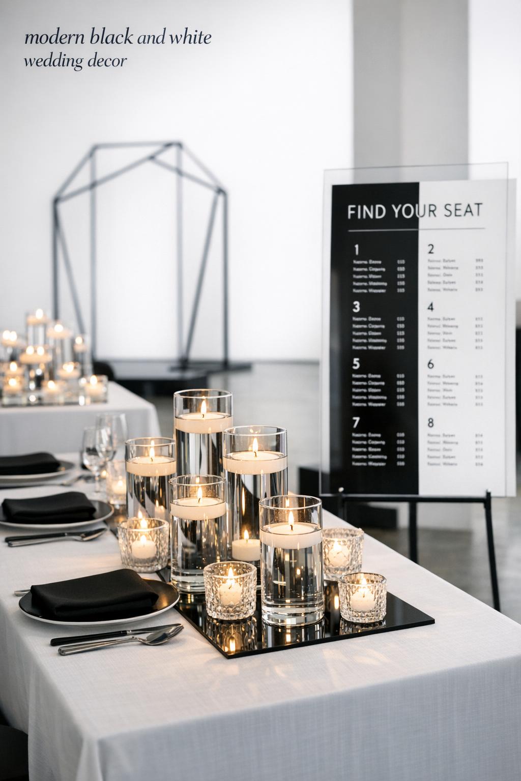 Modern Black and White Wedding Decor Modern black and white wedding decor with white linen table, black napkins, candlelit glass cylinders, and minimalist arch