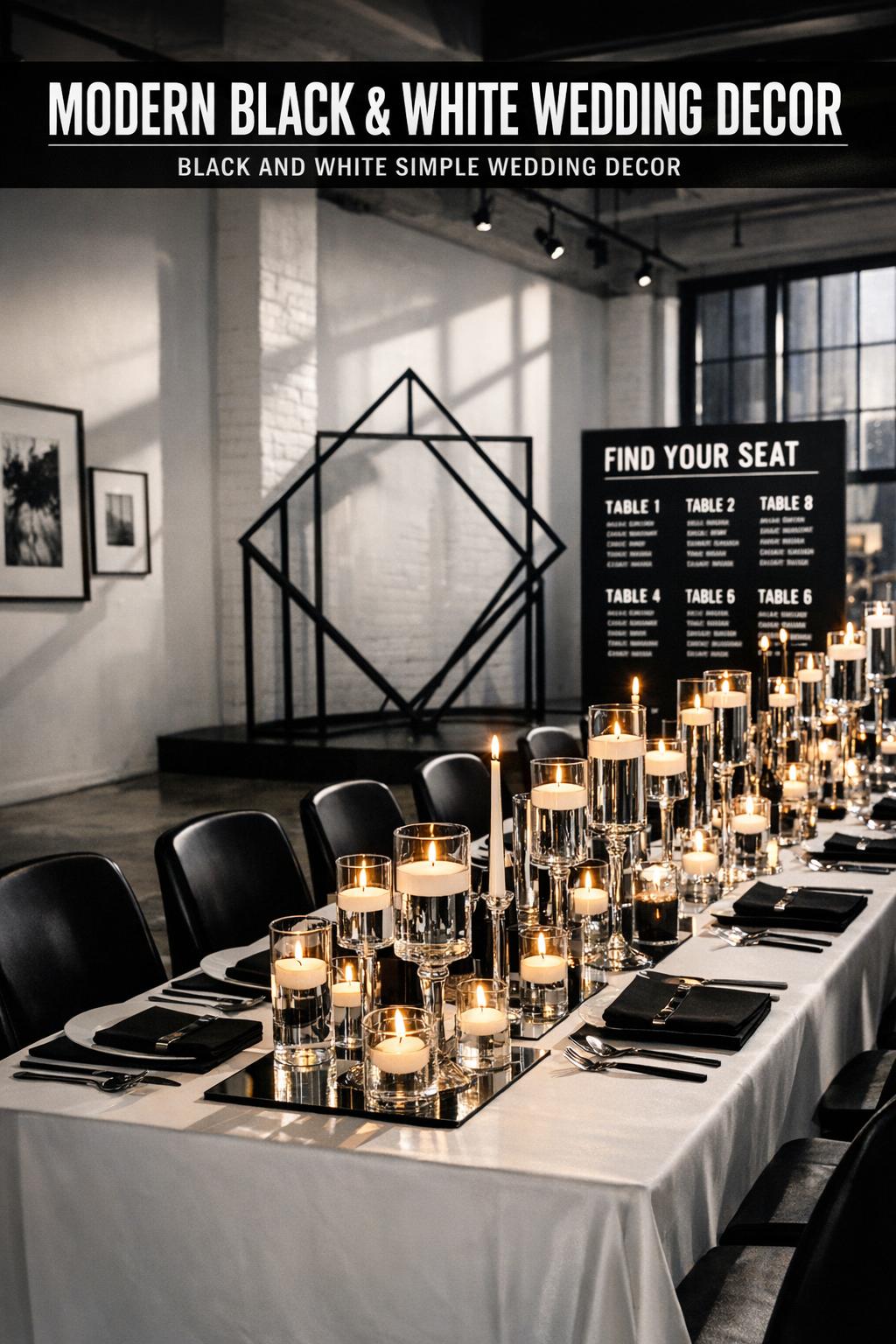 Modern Black and White Wedding Decor Modern black and white wedding decor with elegant table setting, candles, and minimalist floral arrangement