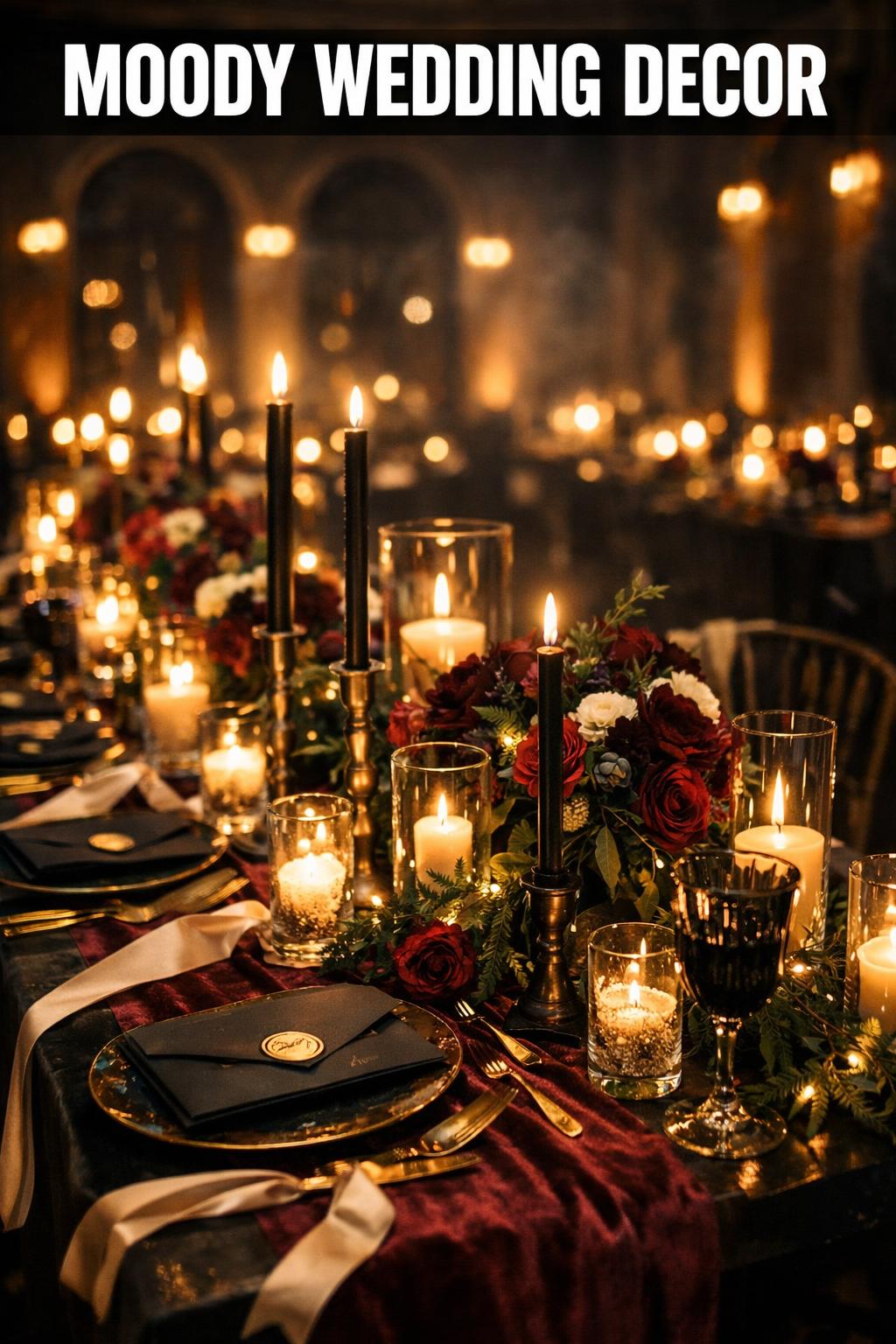 Moody wedding decor with candlelit tables, dark florals, and elegant gold accents in a romantic reception setting