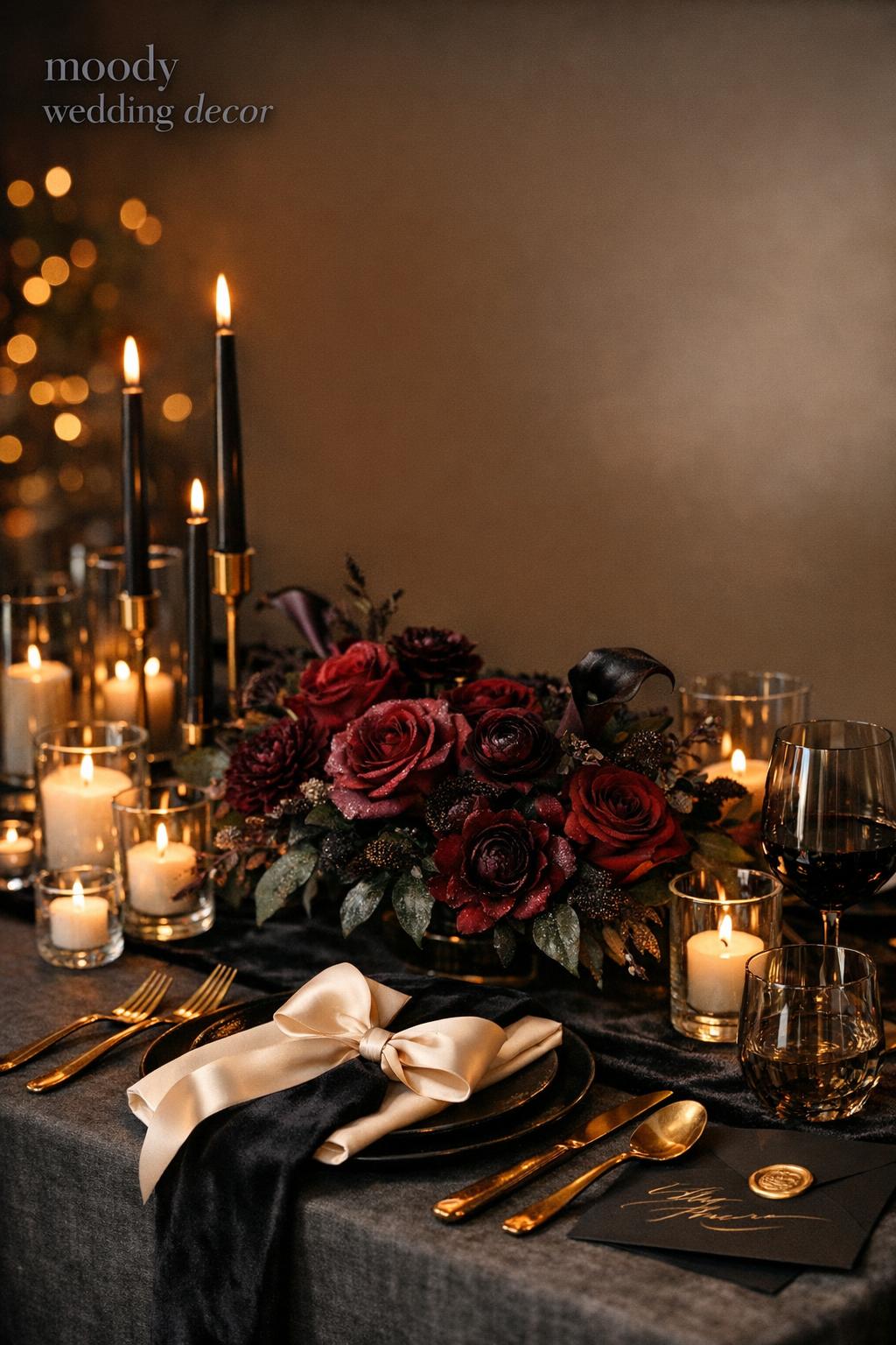 Moody wedding decor on candlelit reception table with black velvet runner, brass tapers, jewel-toned florals, and gold flatware