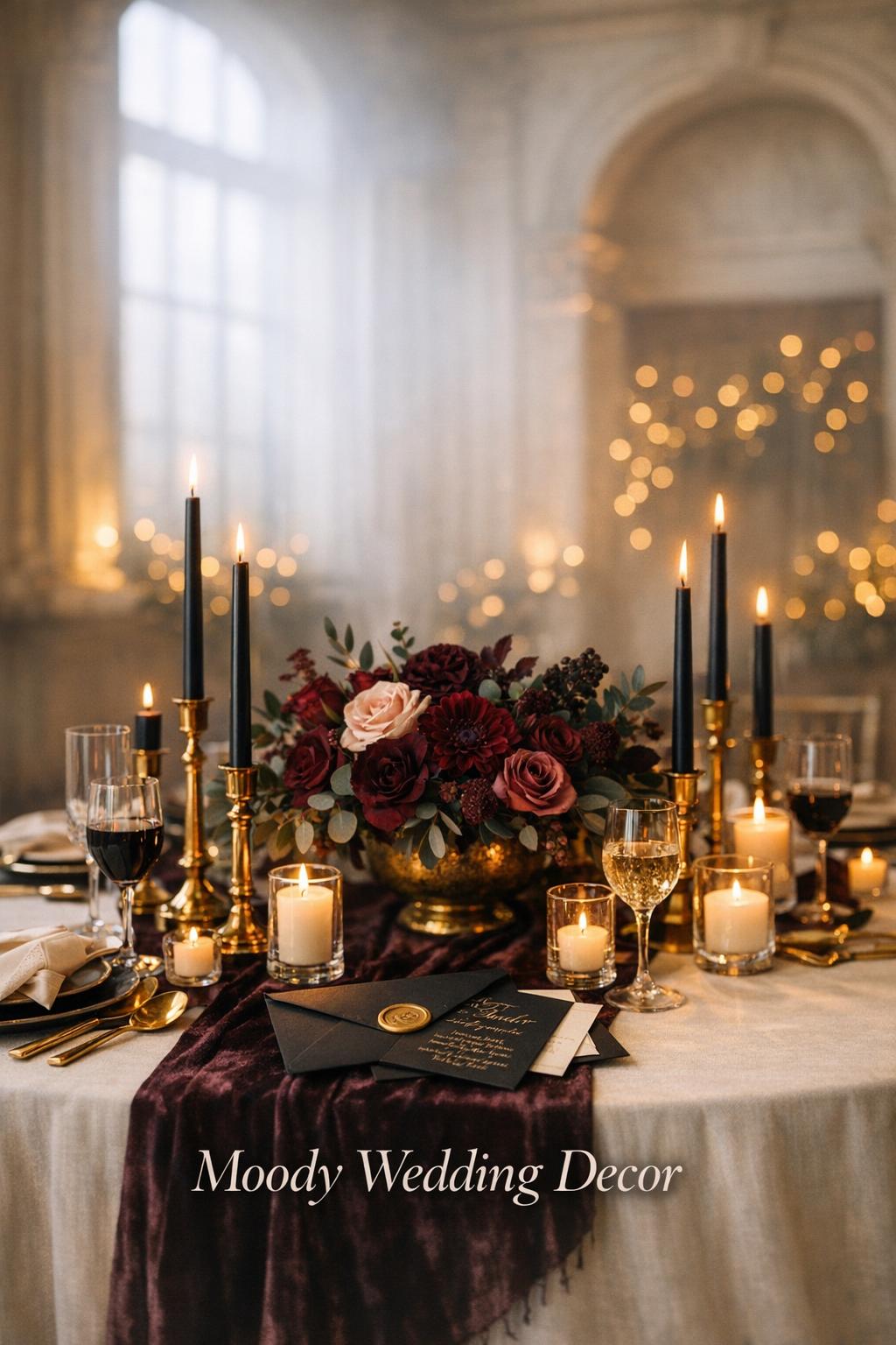 Moody wedding decor tablescape with black taper candles, burgundy florals, and gold accents in a historic ballroom