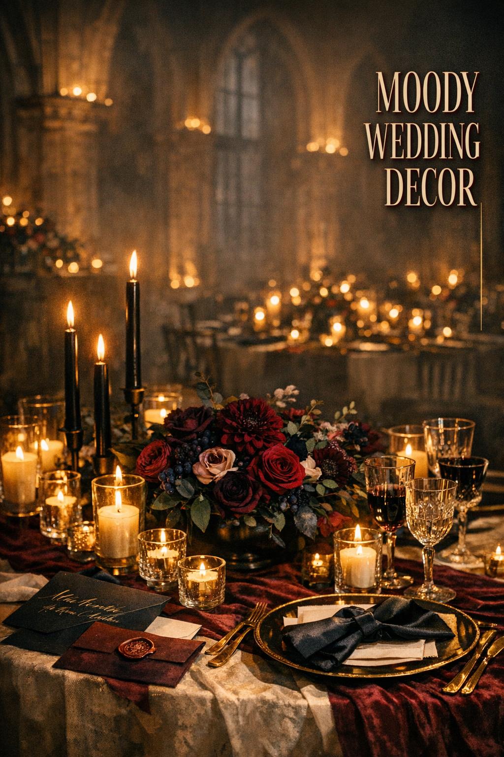 Moody wedding decor candlelit reception table with burgundy velvet runner, black taper candles, and lush dark florals in a historic hall.