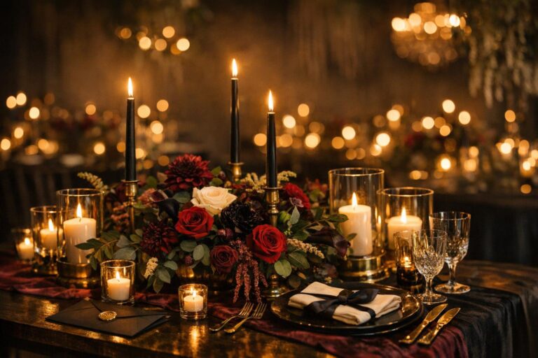 Moody wedding decor tablescape with black taper candles, burgundy florals, brass holders, and warm candlelight