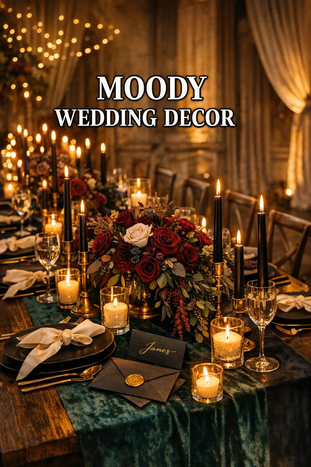 Moody wedding decor tablescape with black taper candles, burgundy florals, and gold accents in a historic ballroom