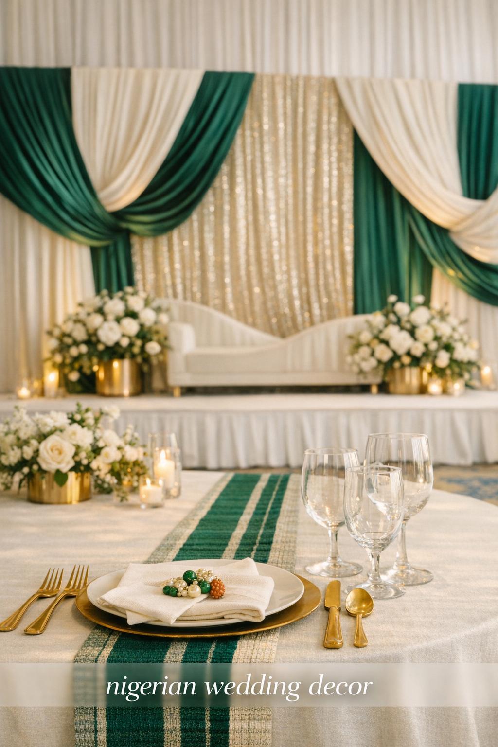 Nigerian wedding decor in an elegant ballroom with ivory tablescape, aso-oke runner, gold flatware, and jewel-tone stage backdrop