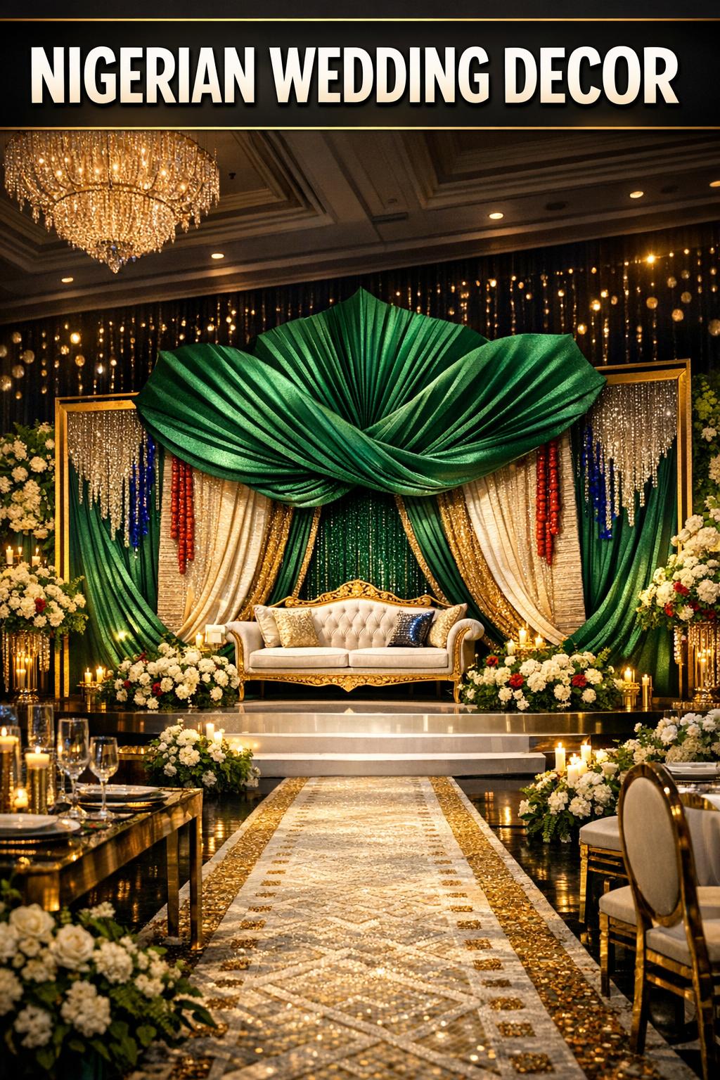 Nigerian wedding decor with elegant floral centerpieces, gold accents, and softly lit reception tables
