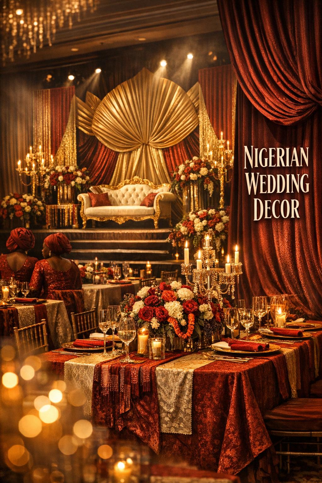 Nigerian wedding decor in an American ballroom with gold and deep red draping, luxe stage backdrop, candles and florals