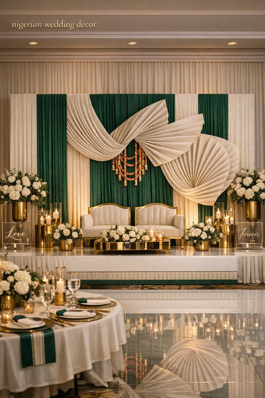 Nigerian wedding decor on a modern U.S. ballroom stage with emerald, ivory and gold draping, candles and florals
