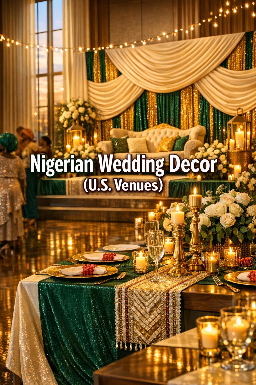 Nigerian wedding decor in a modern U.S. ballroom with emerald and ivory stage draping, gold accents, and candlelit tables