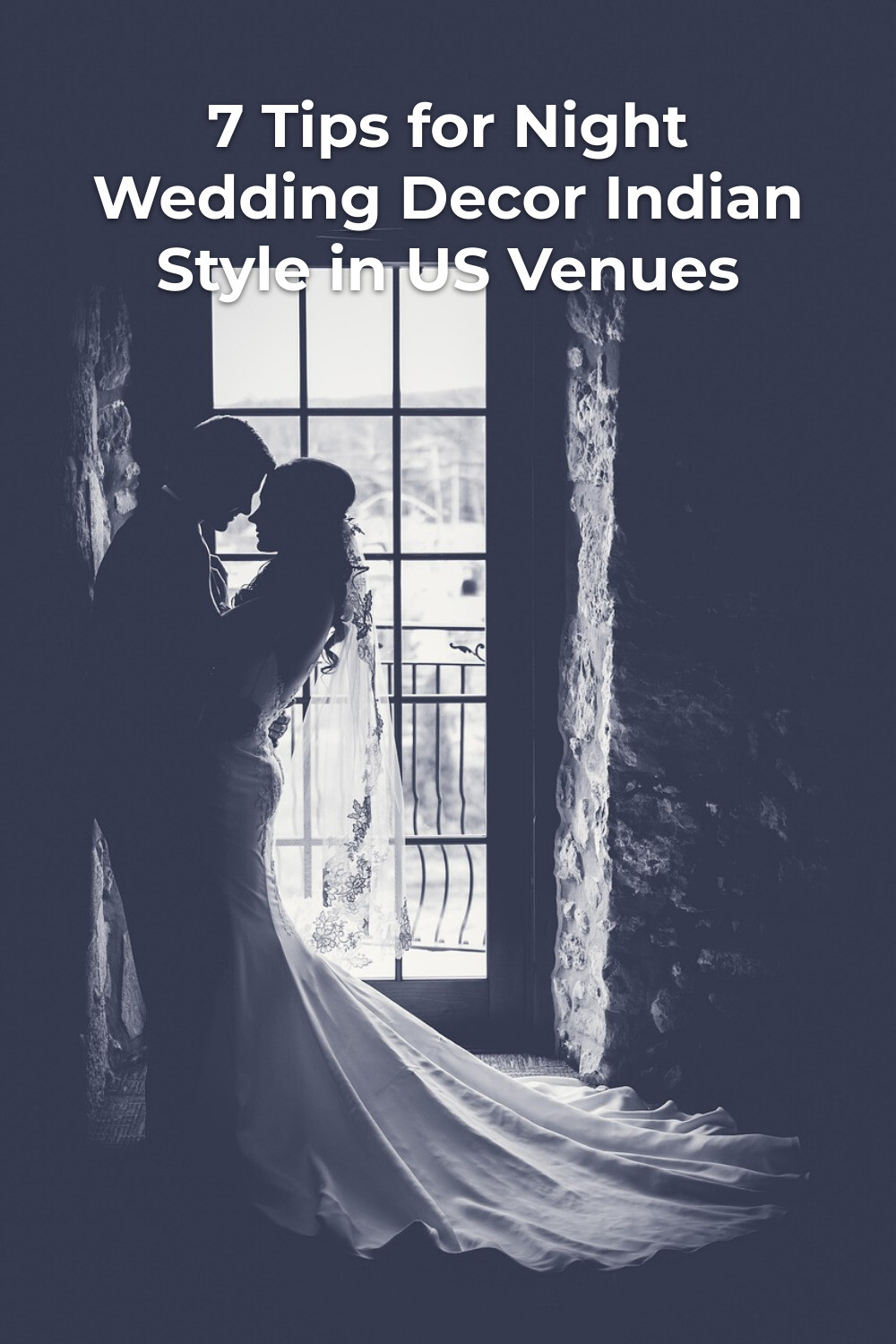 Night wedding decor indian silhouette couple by tall window in stone room, bride in veil and gown