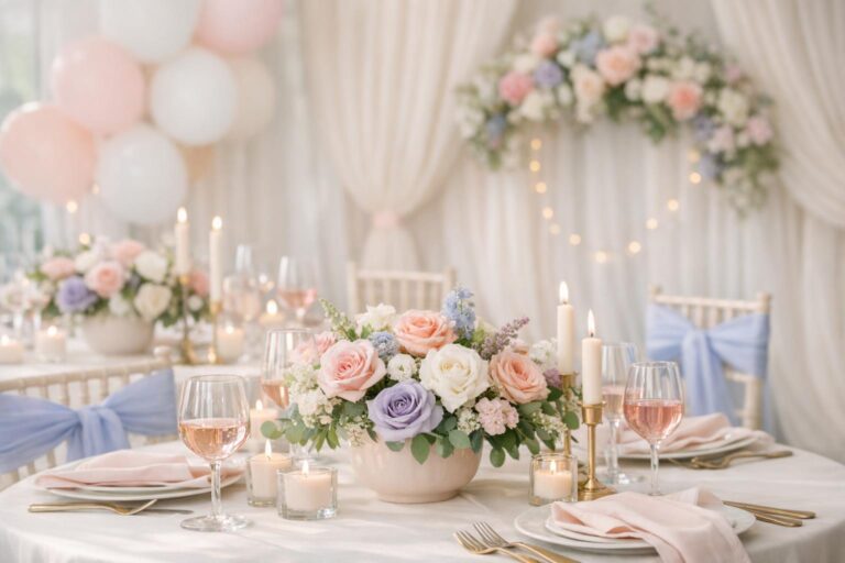 Pastel wedding decor tablescape with blush and powder blue florals, ivory linens, and candlelight in a romantic reception