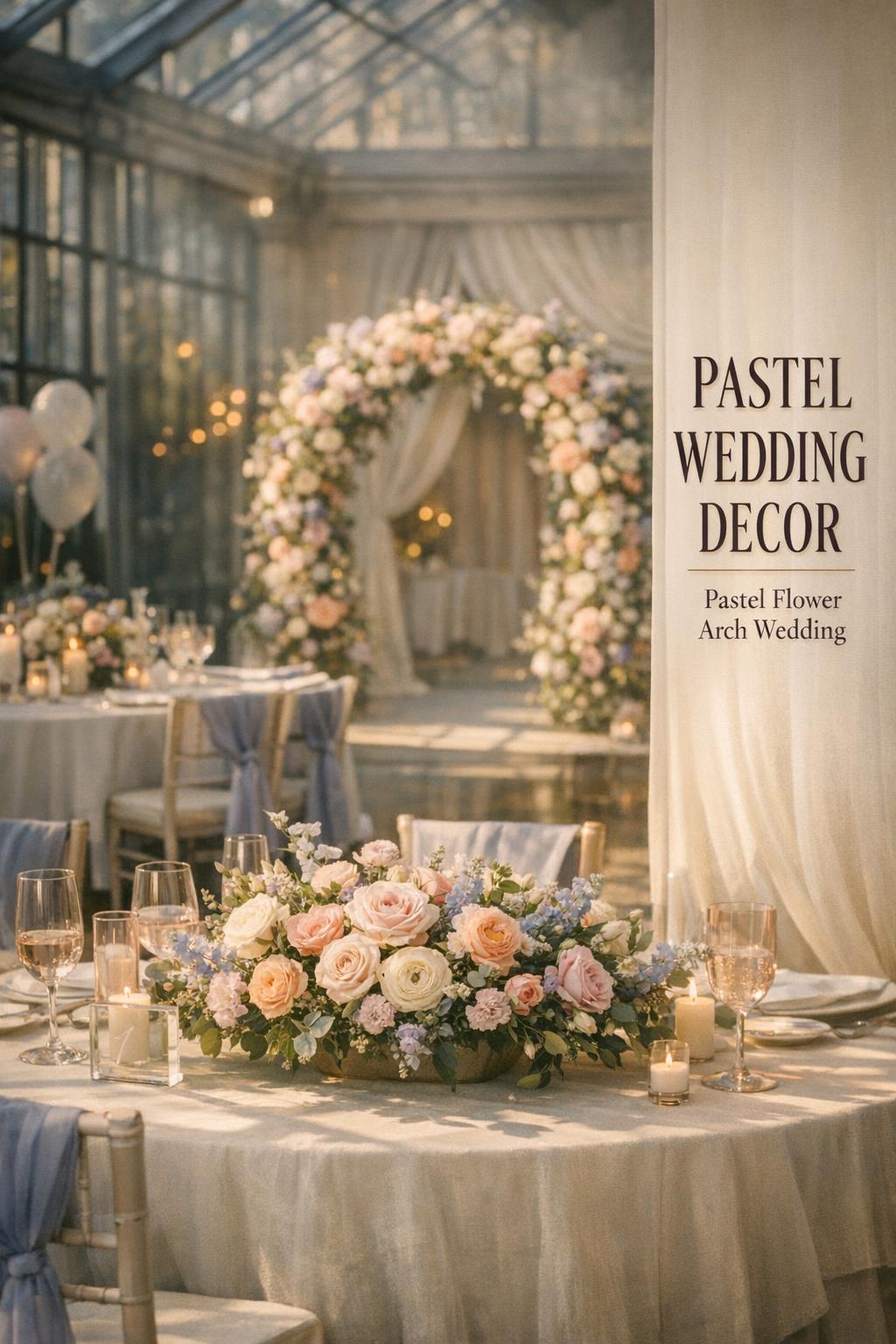 Pastel wedding decor in a glass conservatory reception with pastel florals, cream linens, blush glassware, and flower arch
