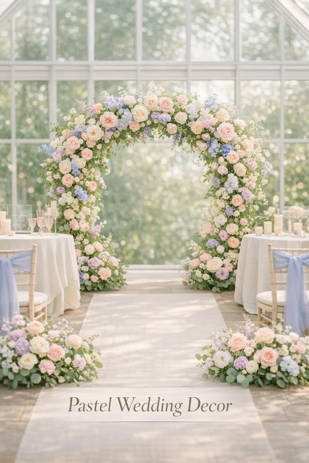 Pastel wedding decor in a bright greenhouse with a spring flower arch, cream aisle runner, and soft reception details