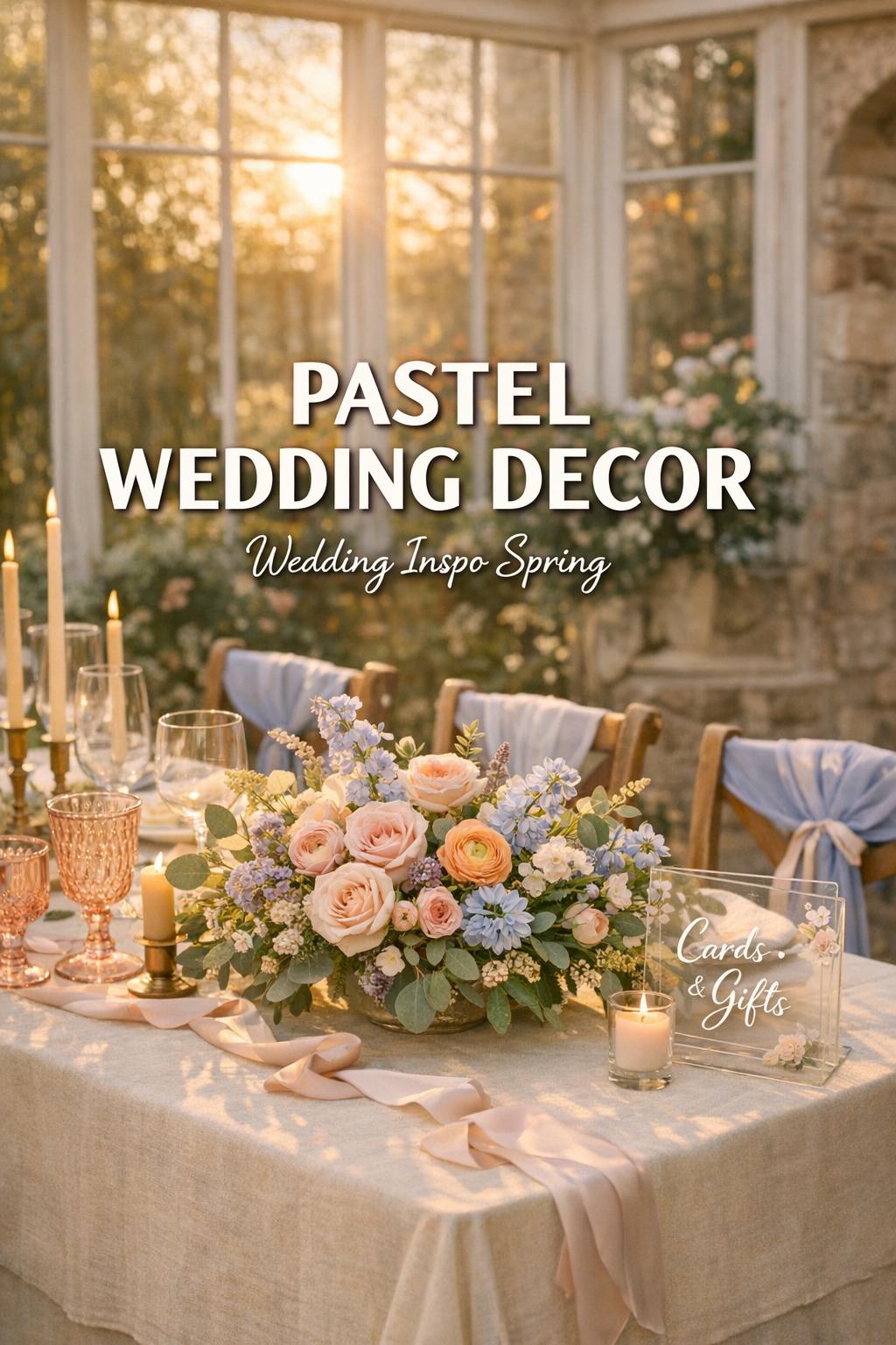 Pastel wedding decor tablescape in a sunny glass conservatory with ivory linens, blush flowers, candles, and goblets