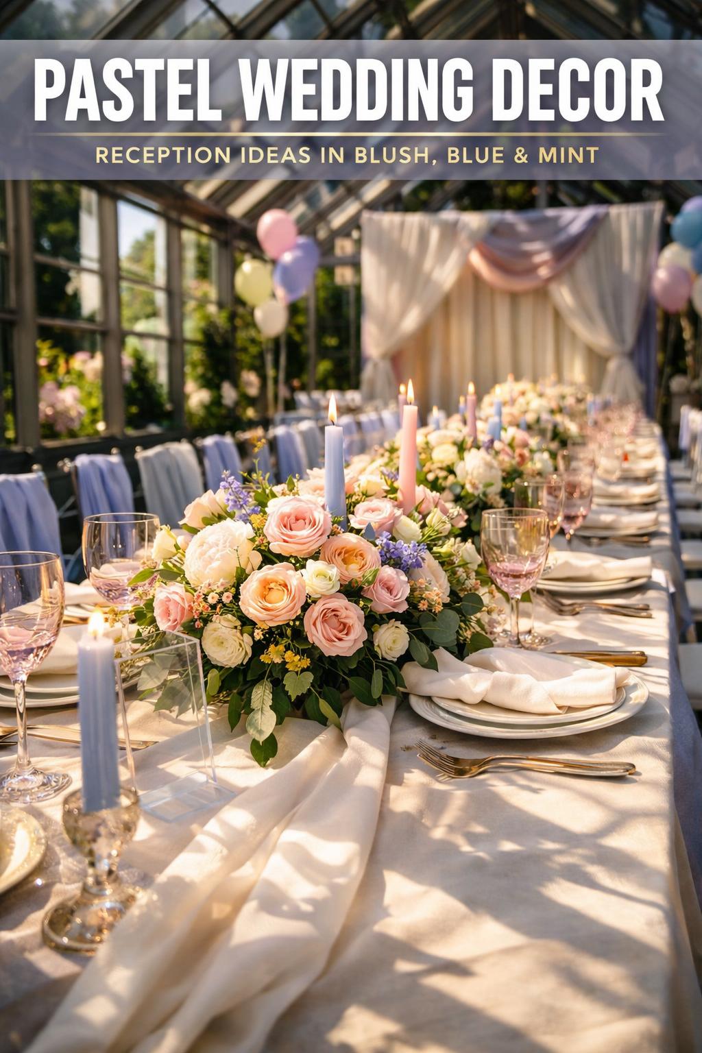 Pastel wedding decor with soft floral centerpieces, blush linens, and elegant table settings in natural light