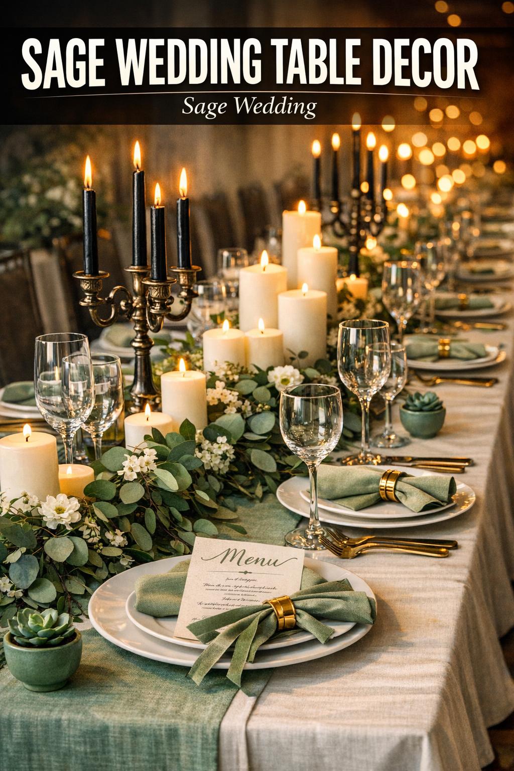 Sage wedding table decor with elegant linens, candles, and greenery centerpiece