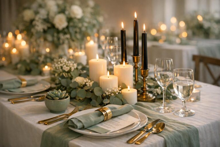 Sage wedding table decor with eucalyptus runner, white candles, and gold accents on an elegant reception table