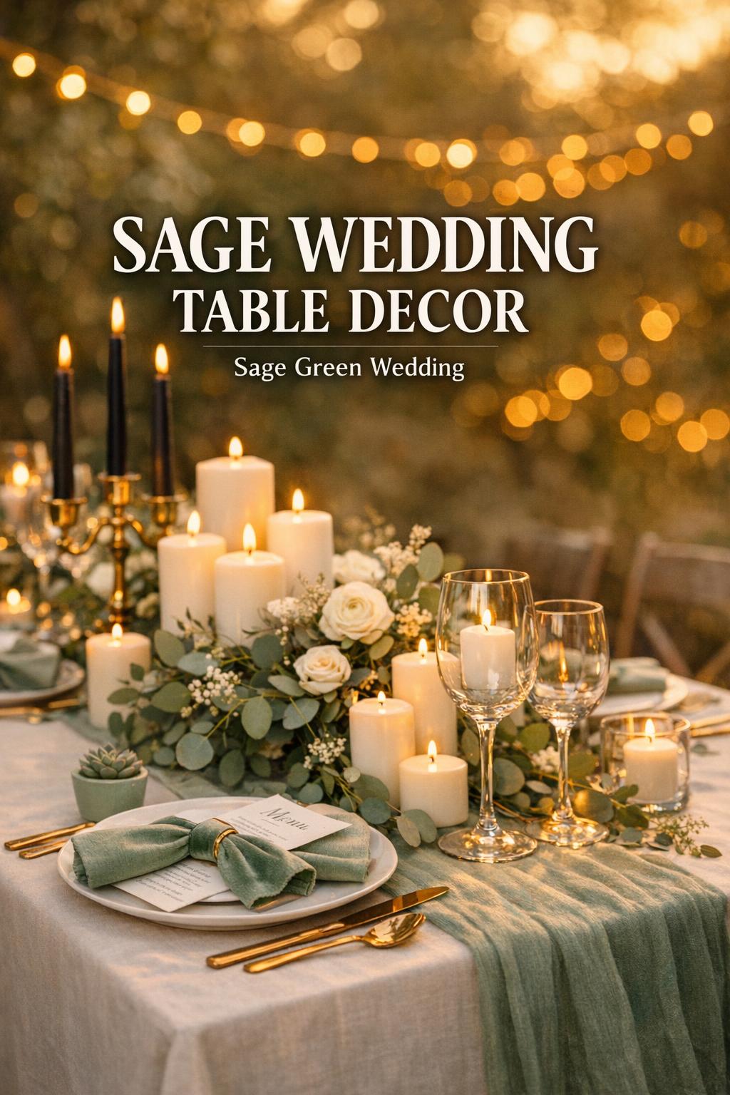 Sage wedding table decor at golden-hour reception with eucalyptus, candles, ivory linens, and modern place settings