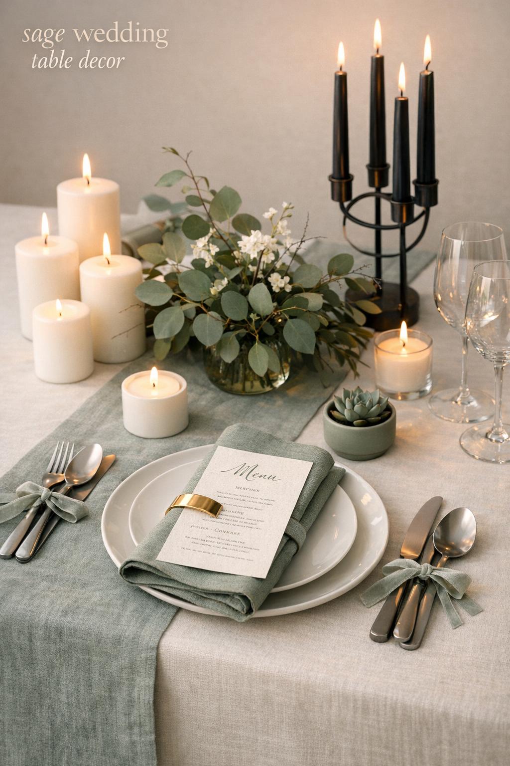 Sage wedding table decor with ivory linens, dusty sage runner, white plates, gold accents, candles, and eucalyptus centerpiece
