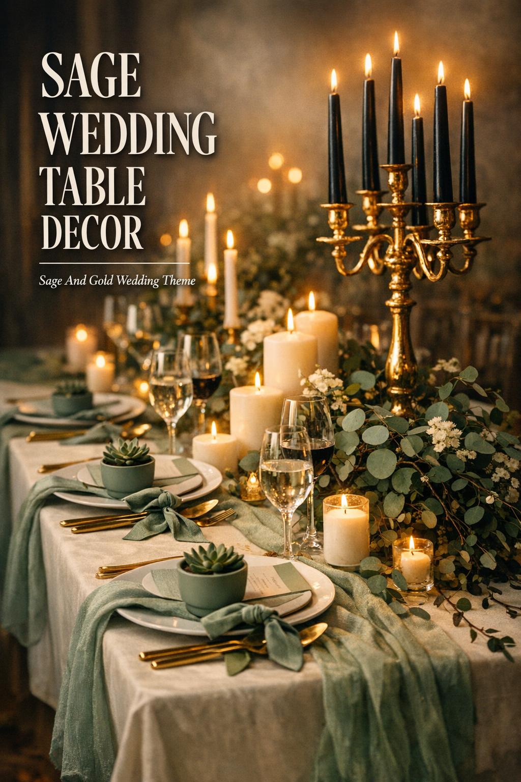 Sage wedding table decor on a modern sage and gold reception table with candles, eucalyptus, white florals, and gold flatware