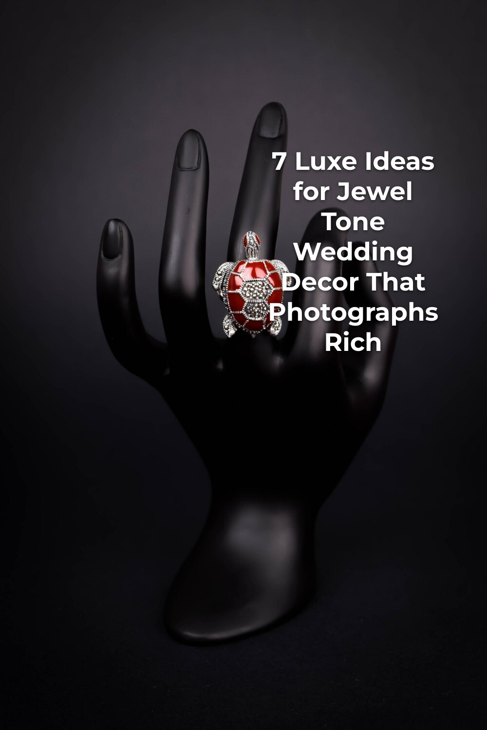 Silver and Red Turtle Ring Jewel Tone Decor Silver and red turtle ring on black hand display, jewel tone wedding decor accent