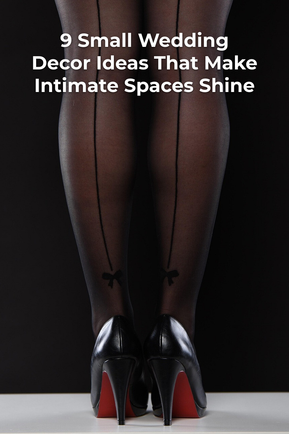 Small wedding decor detail: black bow tights and red sole heels on platform