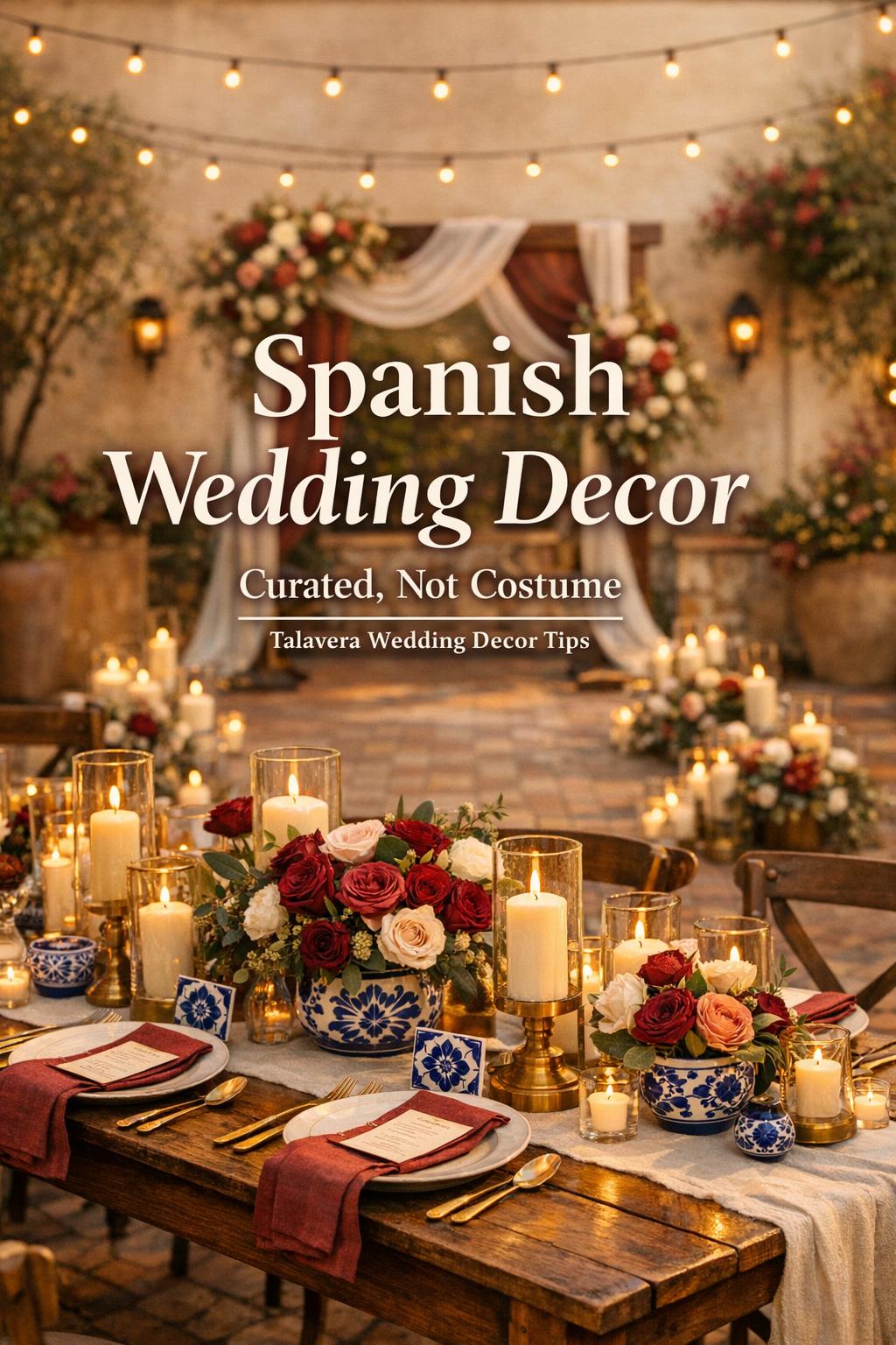 Spanish wedding decor in a sunlit courtyard reception with Talavera tiles, rustic table, burgundy florals, and candlelight