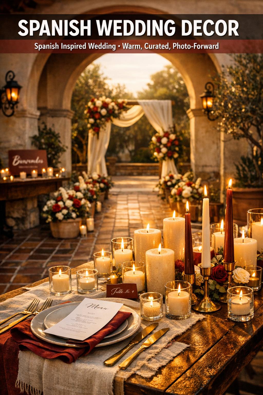 Spanish wedding decor with elegant floral arrangements and candlelit table settings in a romantic reception venue
