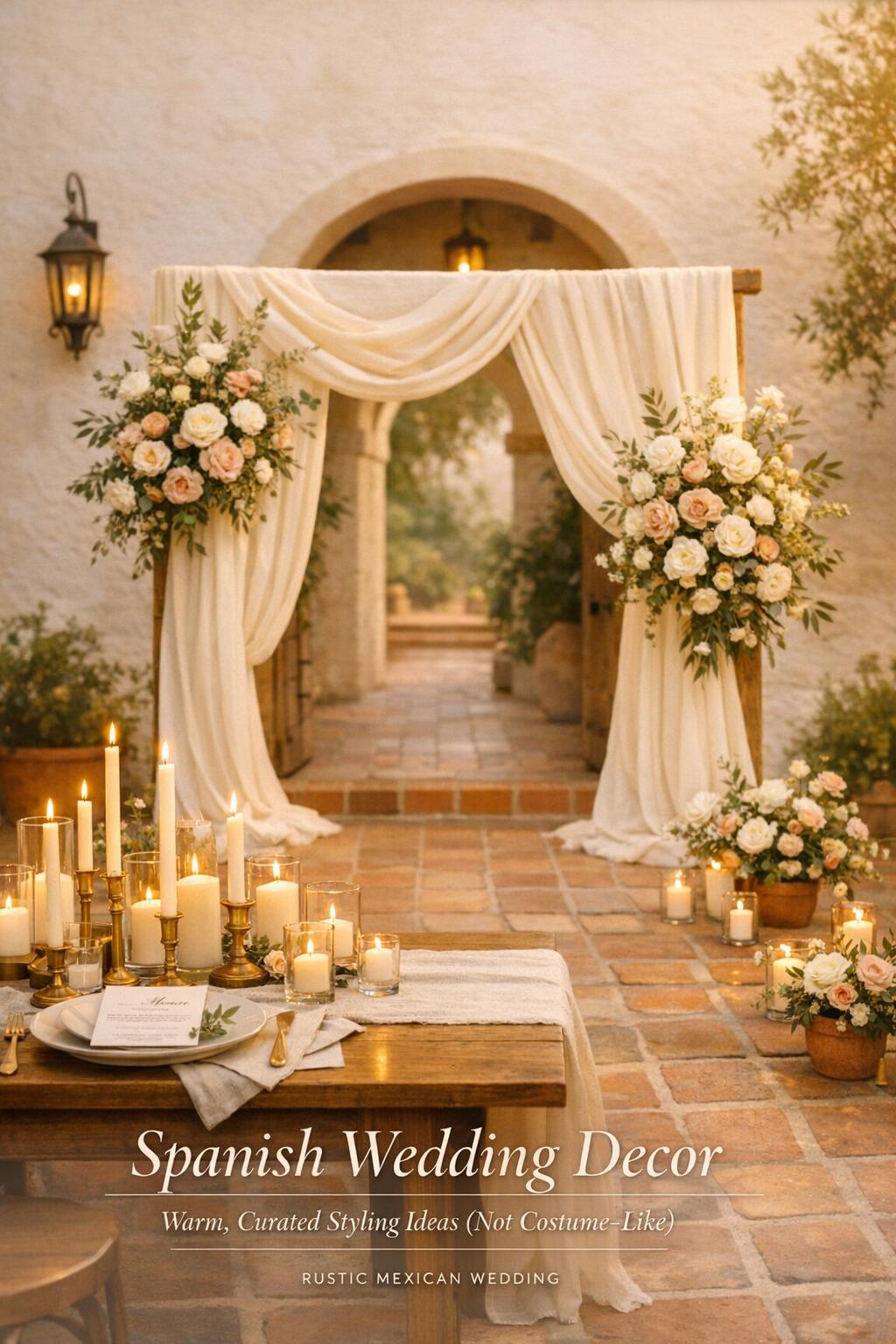 Spanish wedding decor in a sunlit courtyard with ivory draped arch, blush florals, terracotta tiles, and candlelit table