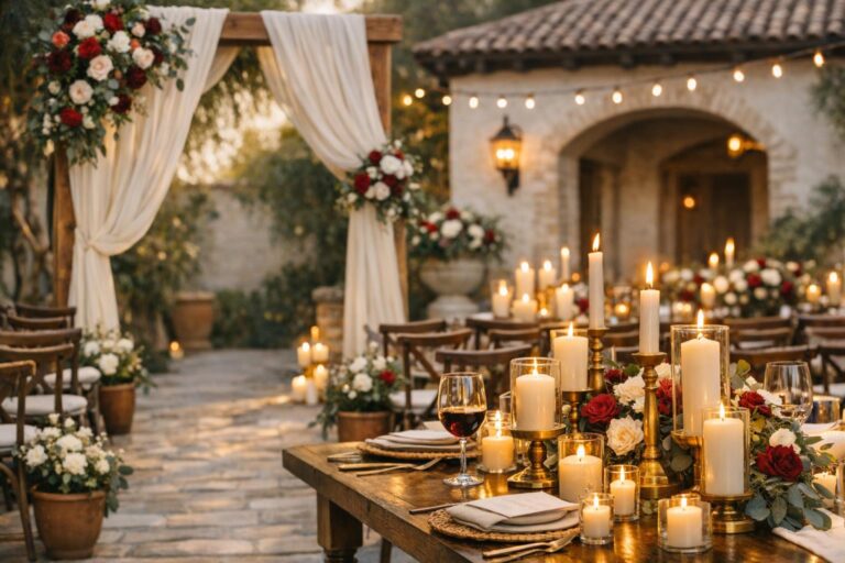 Spanish wedding decor with terracotta linens, olive greenery, and candlelit tables in a warm courtyard reception