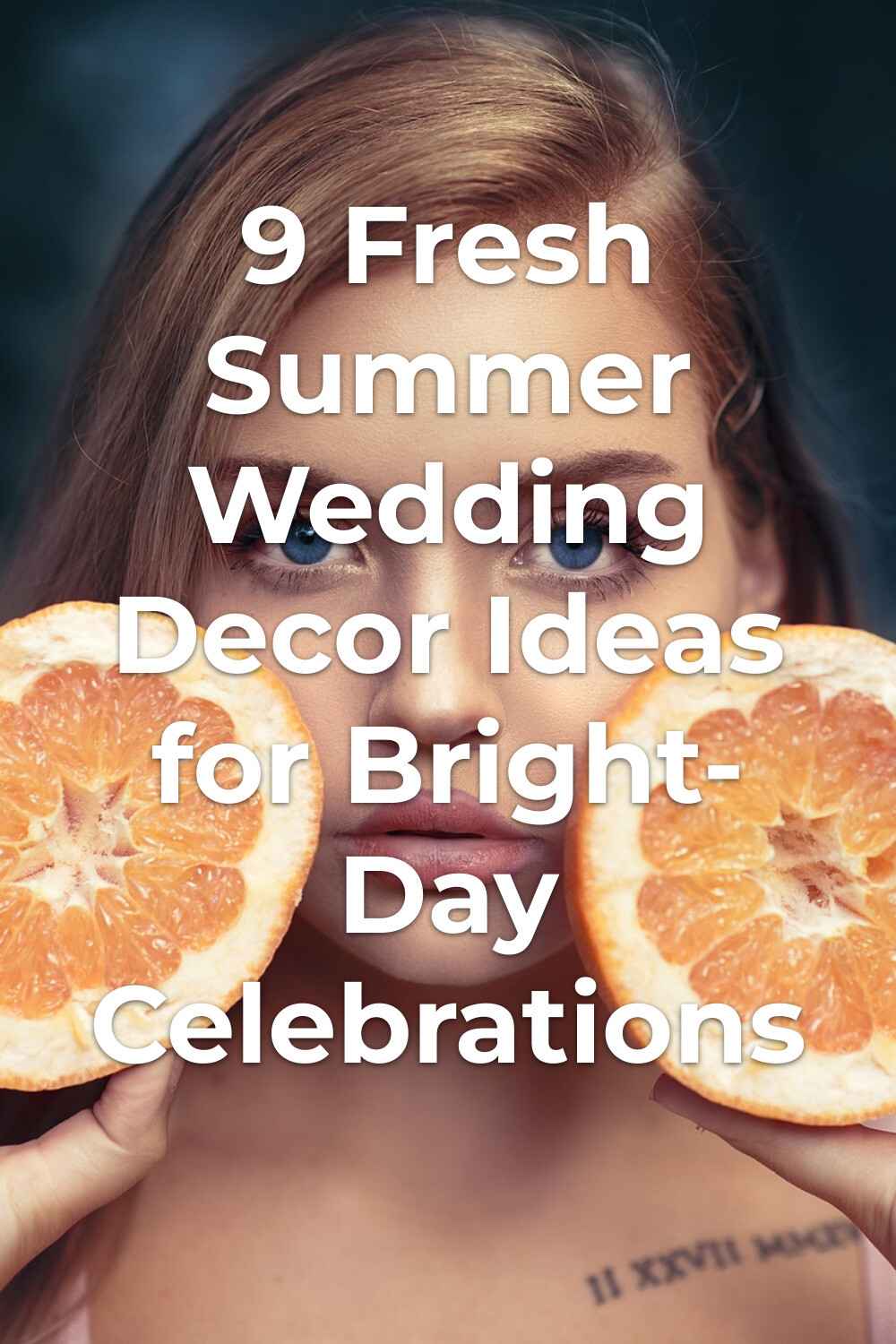 Summer Wedding Decor Grapefruit Portrait Summer wedding decor trendforward portrait of woman holding grapefruit halves by her face against a dark background