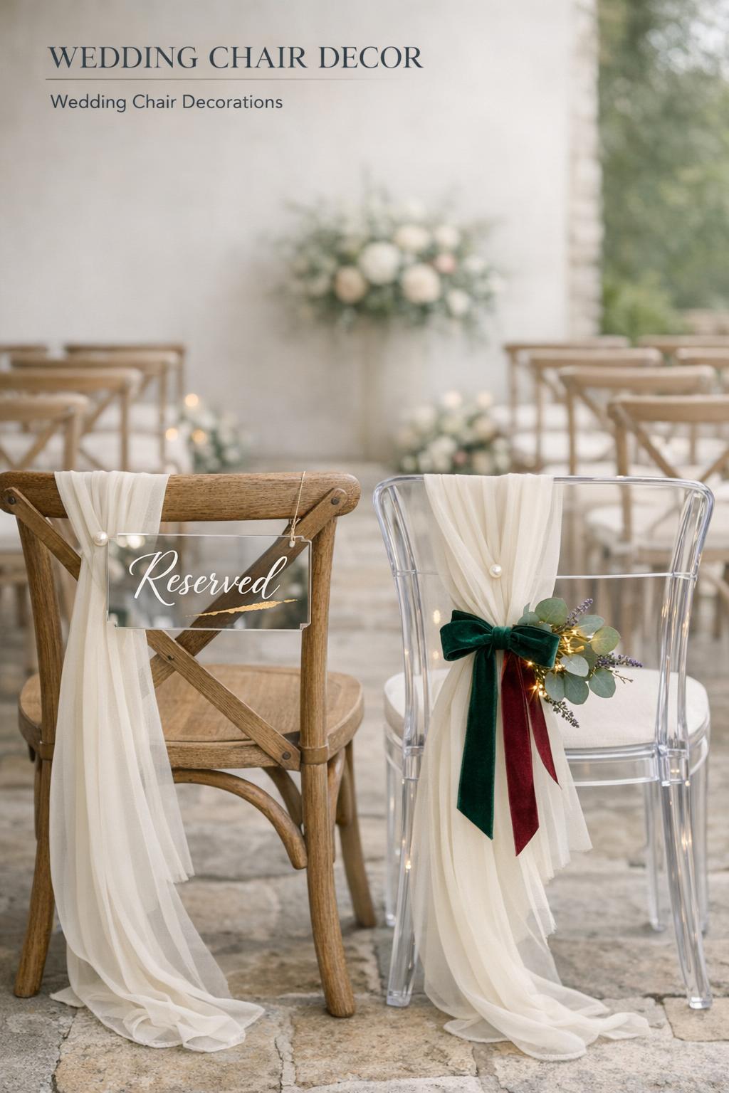 Wedding Chair Decor with Reserved Sweetheart Seating Wedding chair decor with cross-back chairs, chiffon drape, velvet ribbon, eucalyptus, and reserved mirror acrylic sign