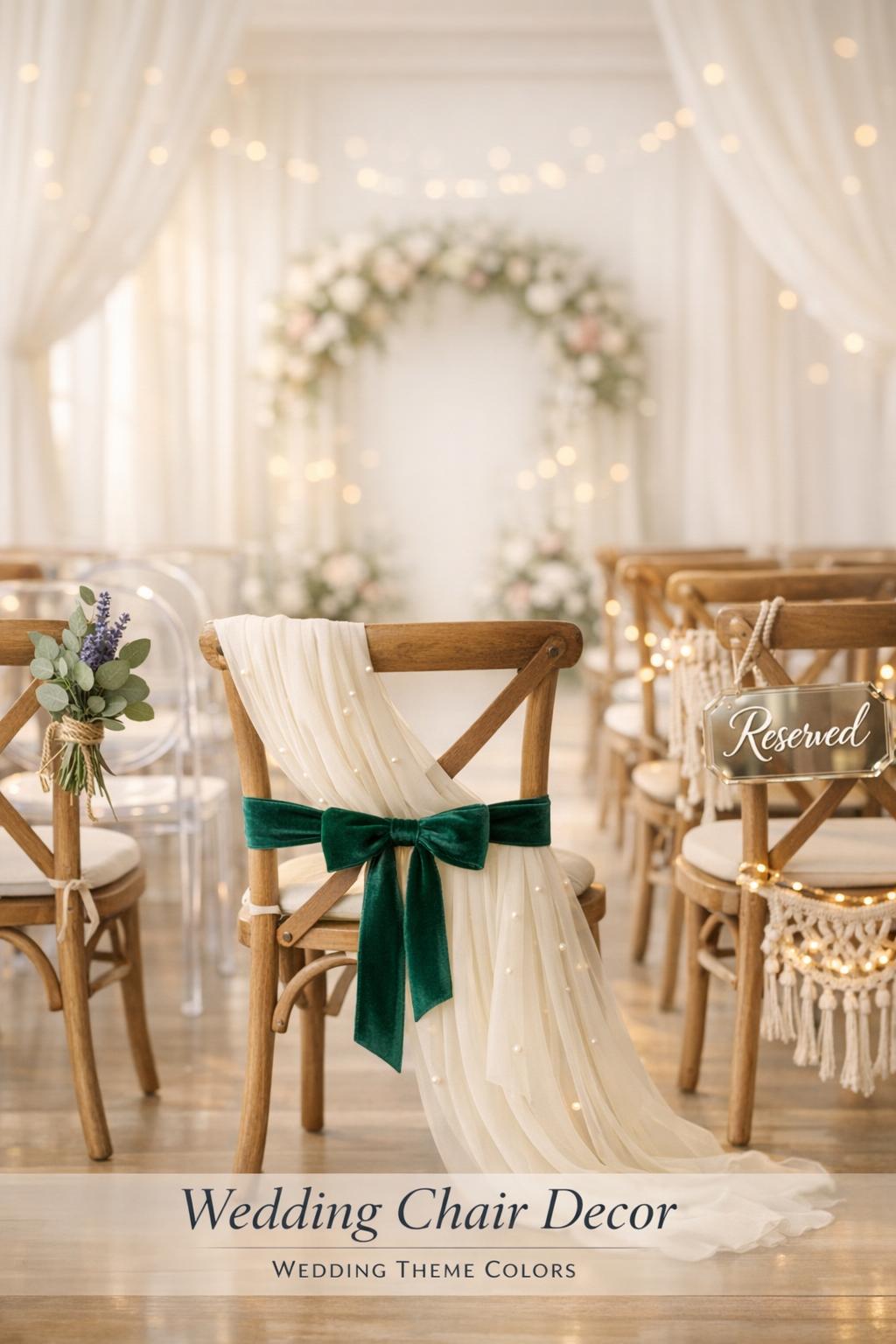 Wedding Chair Decor for a Modern Ceremony Aisle Wedding chair decor on a romantic modern ceremony aisle with ivory chiffon, pearl accents, velvet sash, and soft morning light