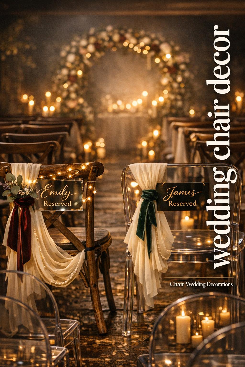 Moody Wedding Chair Decor Aisle and Reception Wedding chair decor with ivory chiffon, velvet ribbons, eucalyptus, and reserved signage in a moody cinematic aisle scene.