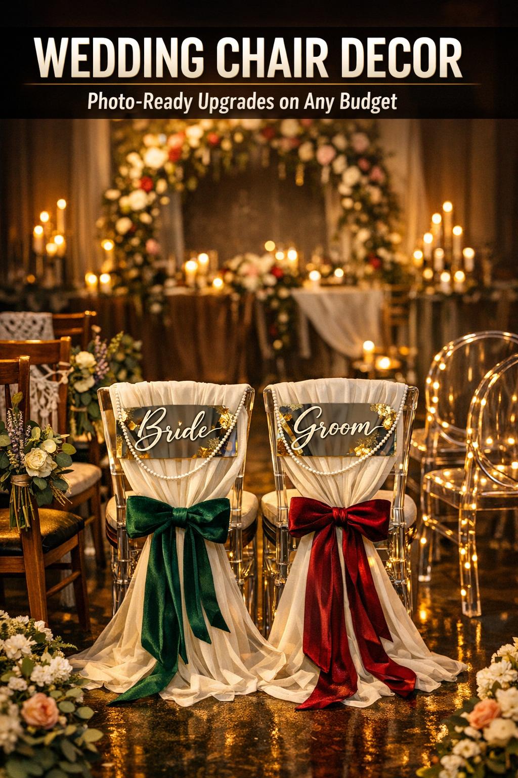 Elegant Wedding Chair Decor Wedding chair decor with elegant white florals and ribbons at a romantic reception