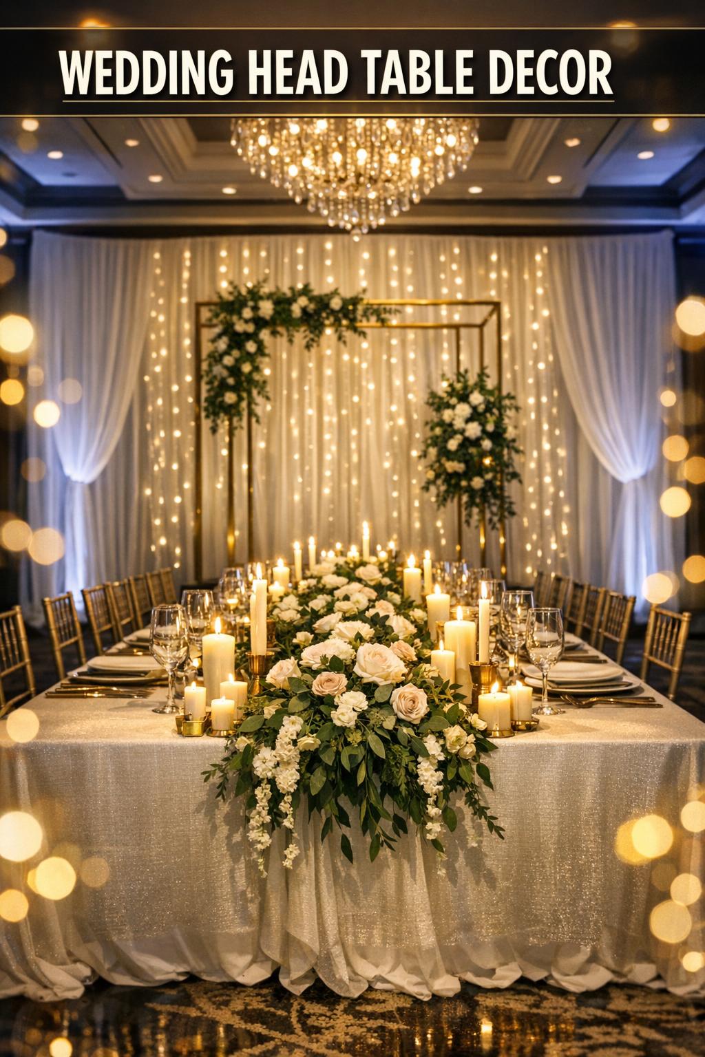 Wedding head table decor with lush floral arrangements, candles, and elegant place settings in a romantic reception setup