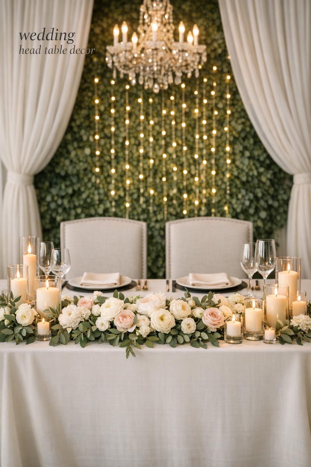 Wedding head table decor with greenery garland, ivory florals, and candlelight in an elegant reception space