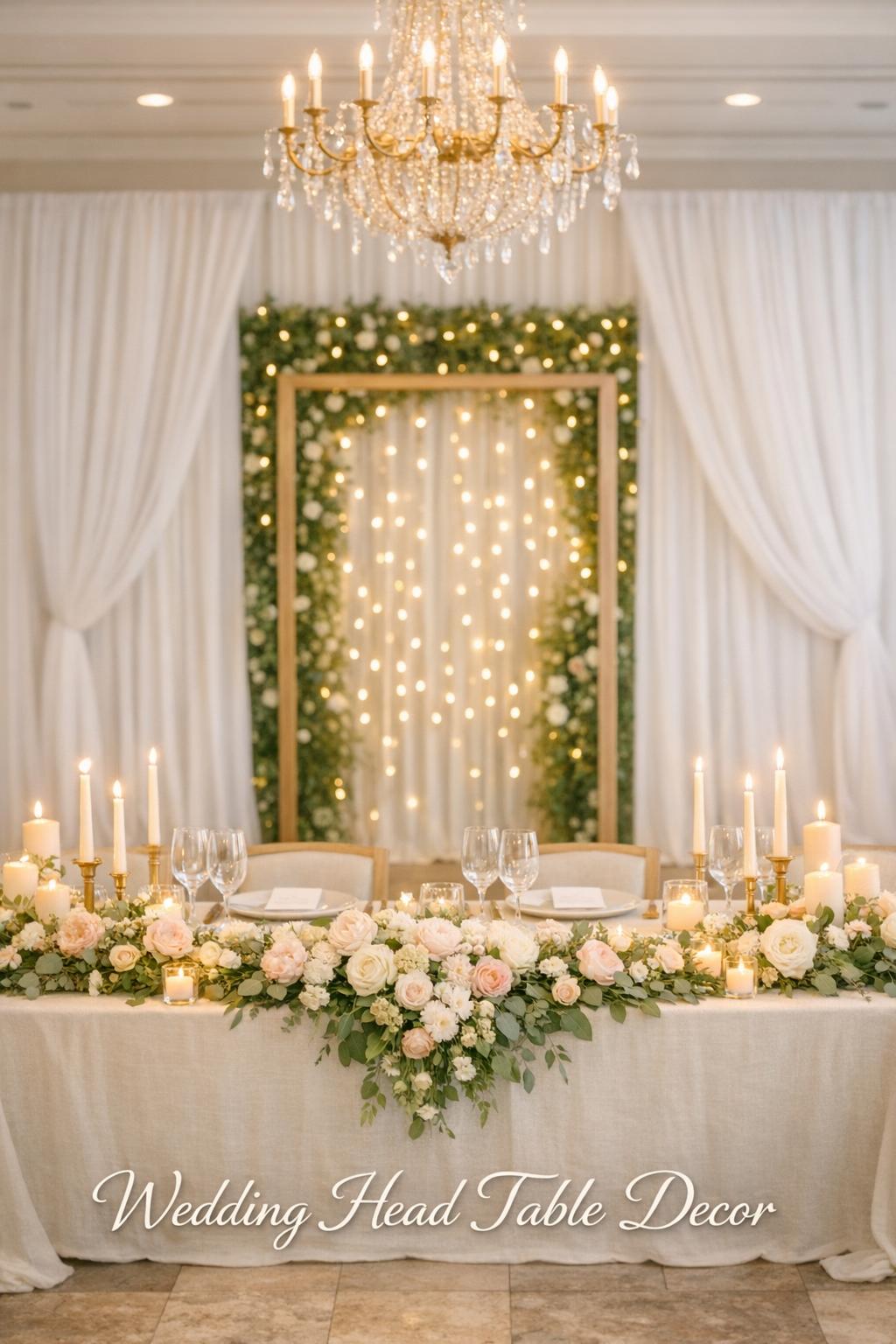 Wedding head table decor with ivory linen, blush flowers, greenery garland, taper candles, and soft drapery backdrop in daylight
