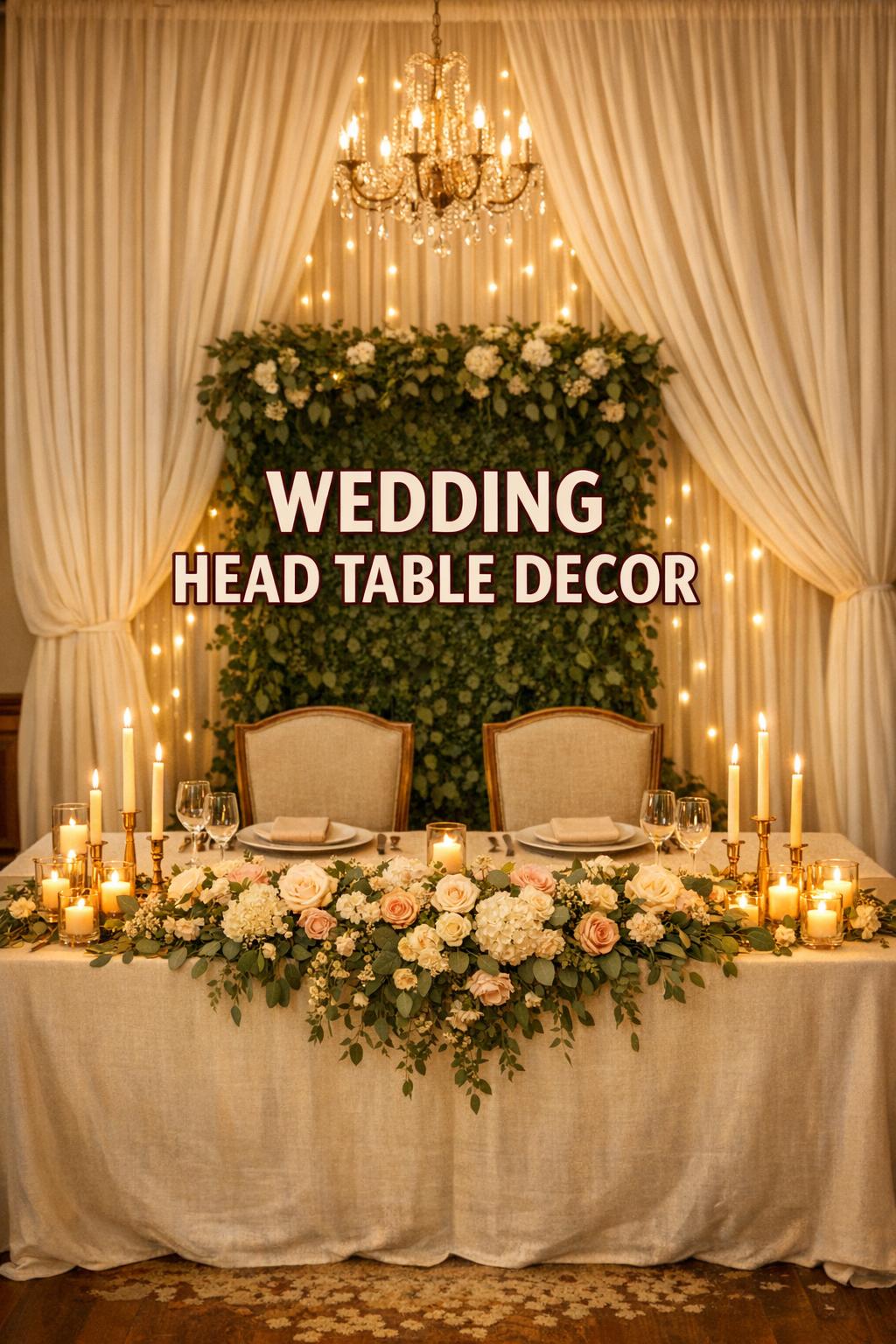 Wedding head table decor with ivory linen, greenery garland, blush-white florals, brass taper candles, and draped backdrop