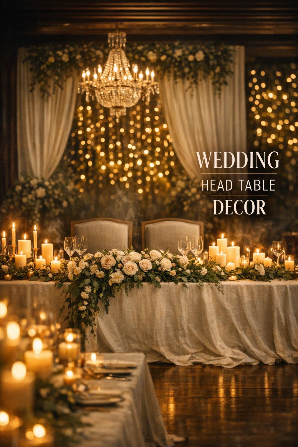 Romantic moody wedding head table decor with greenery runner, candles, ivory drapery backdrop and chandelier bokeh at night