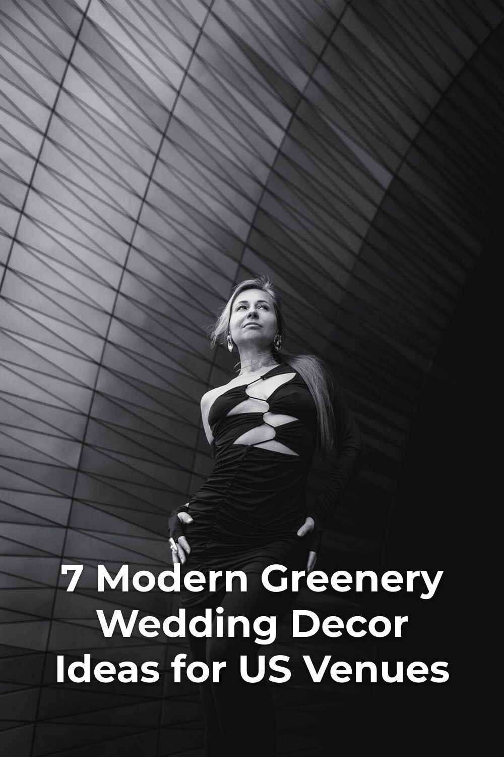 Woman in black cutout dress against curved tiled wall, modern minimalist greenery wedding decor inspiration