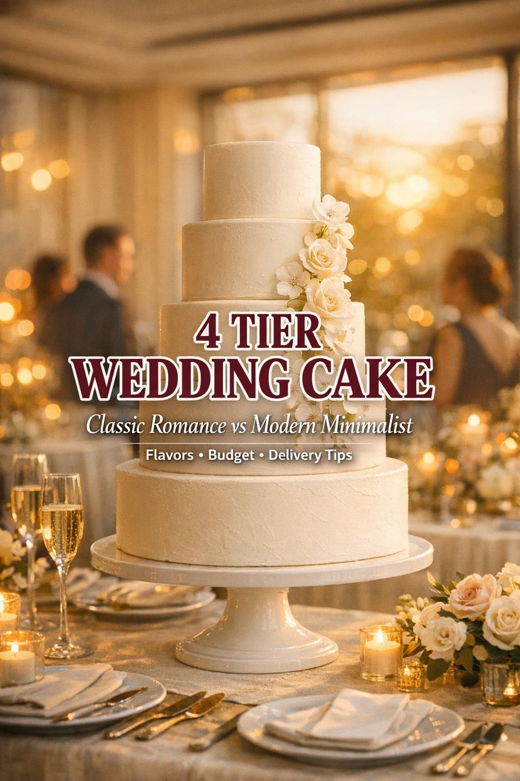 4 Tier Wedding Cake: Classic vs Modern Minimalist 4 tier wedding cake on a pedestal at a golden-hour reception tablescape with candles, florals, and champagne glasses
