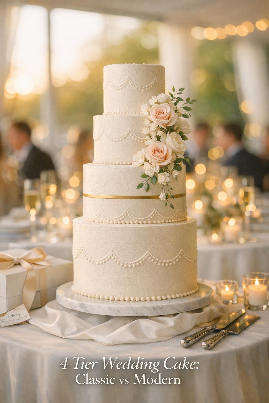 4 Tier Wedding Cake with Piping at Reception 4 tier wedding cake with delicate piping and sugar flowers on a round table at a golden-hour wedding reception
